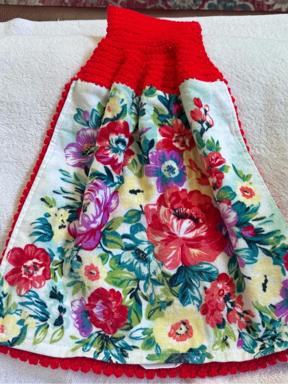 Pioneer Woman Floral Red Crochet Hanging Kitchen Towel